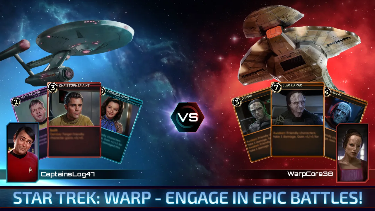 Two Star Trek: Warp decks facing off in a ship-to-ship battle, featuring Christopher Pike and Elim Garak