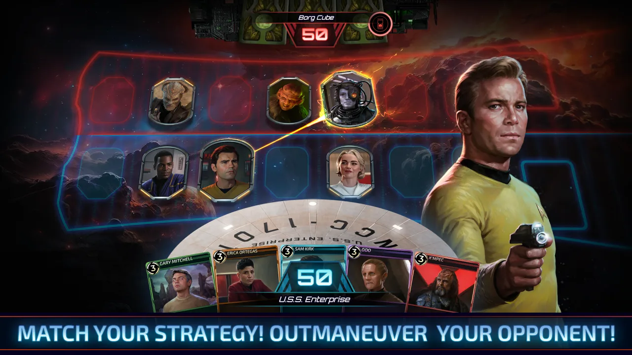 Star Trek: Warp battlefield showing the U.S.S. Enterprise and a roster of deployable characters