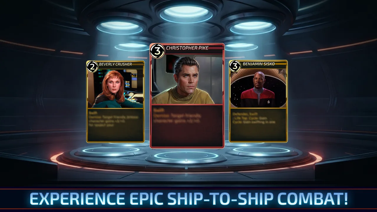 Close-up of Star Trek: Warp character cards including Beverly Crusher, Christopher Pike, and Benjamin Sisko