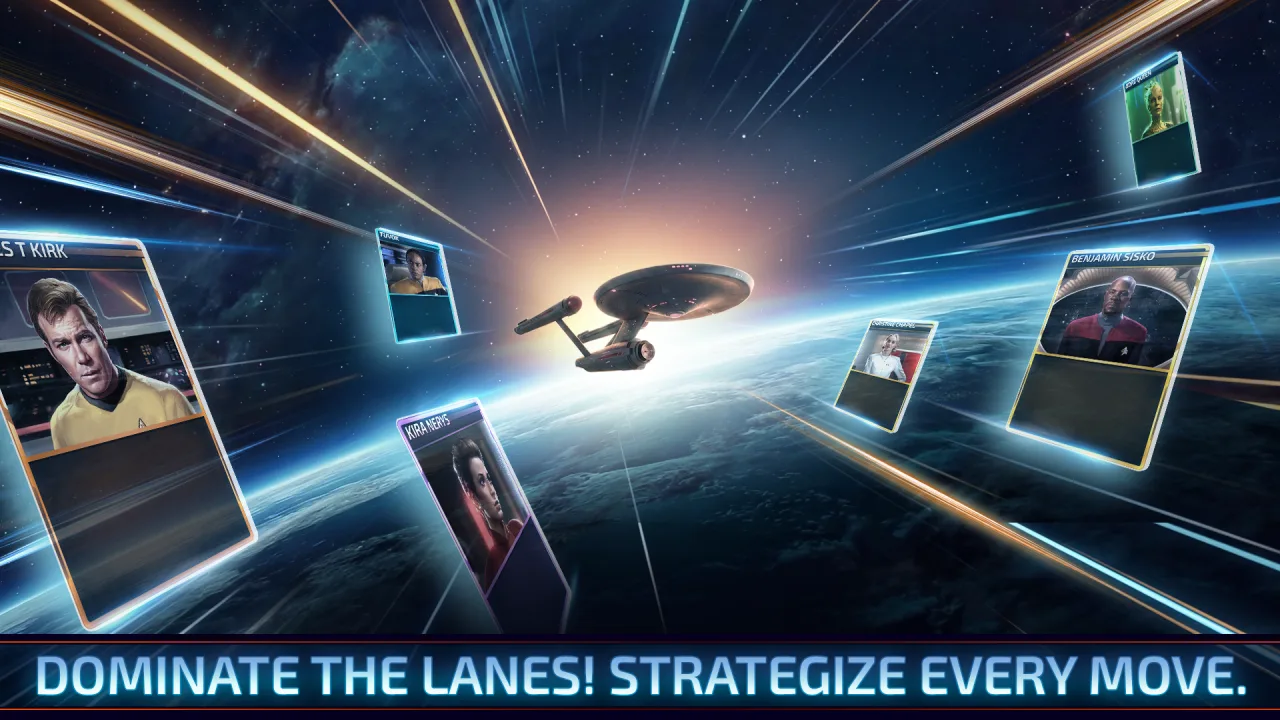 The U.S.S. Enterprise flying through Star Trek: Warp's seven-lane battle layout