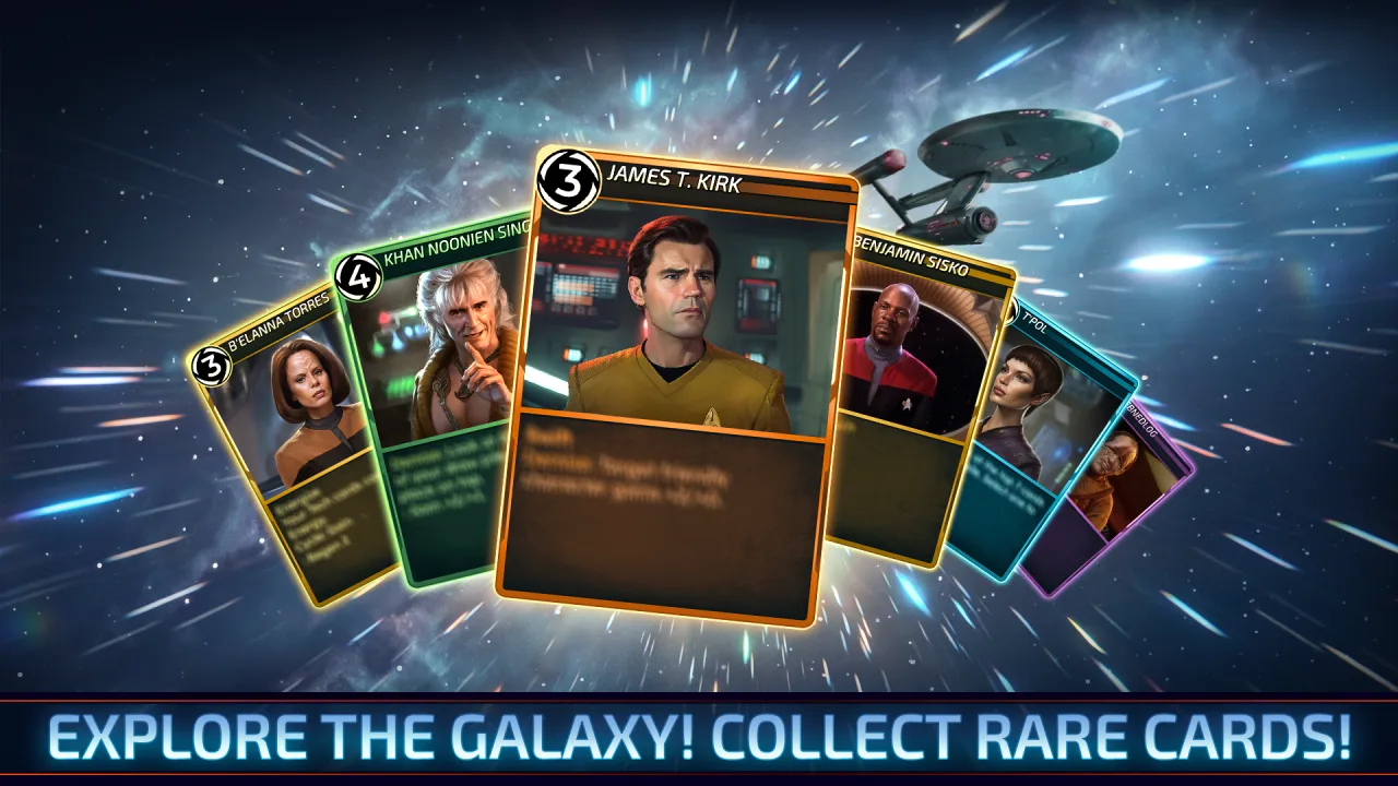 A collection of rare Star Trek: Warp cards featuring James T. Kirk, Khan Noonien Singh, and Benjamin Sisko